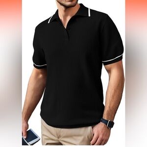 New Men's Black Polo Shirt golf shirt button down short sleeves super prity